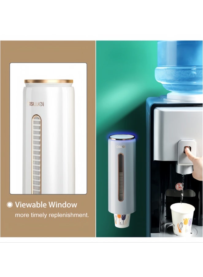 Cup Dispenser Wall Mounted, No Drilling Disposable Cup Holder for Paper/Plastic Cups, Large Capacity Waterproof Dustproof Cup Organizer with Viewable Window, Easy One-Hand Access for Water Cooler Kitchen Office (White, A2102) - Image 2