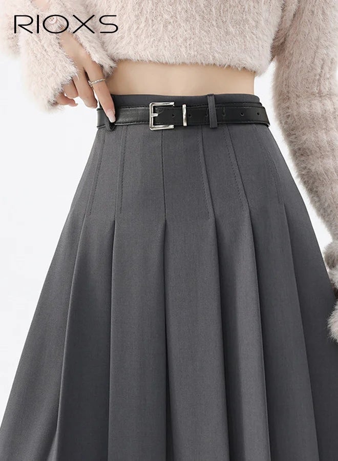 Women's Pleated A-Line High-Waisted Ankle-Length Maxi Skirt with Belt for Office and Casual Wear - Image 3