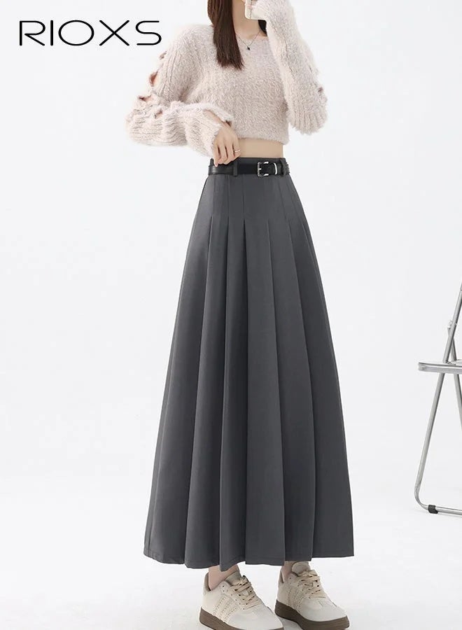 Women's Pleated A-Line High-Waisted Ankle-Length Maxi Skirt with Belt for Office and Casual Wear - Image 5