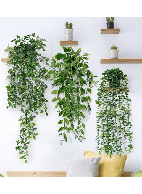 نباتات صناعية معلقة من 3 قطع اوكالبتوس ماندالا سنو بازلاء كرمة في وعاء للمكتب والمزرعة متدلية على شكل اوراق شجر مزيفة ديكور داخلي وخارجي لحفلات الزفاف والمنزل أخضر