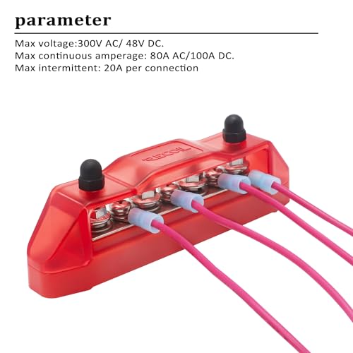 Recoil BBS43-P Bus Bar 4 x M5 Studs 3 Screw Terminals Power Distribution Block Busbar with Ring Terminals (Red+Black) - Image 5