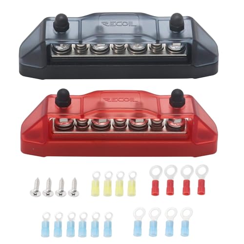 Recoil BBS43-P Bus Bar 4 x M5 Studs 3 Screw Terminals Power Distribution Block Busbar with Ring Terminals (Red+Black) - Image 1