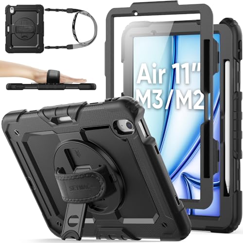 SEYMAC stock for iPad Air 11 inch Protective Case M3 2025/ M2 2024 (Air 7th/6th Generation), Heavy Duty Case with Screen Protector, Pencil Holder, Rotating Stand, Hand Strap, Shoulder Strap, Black - Image 1