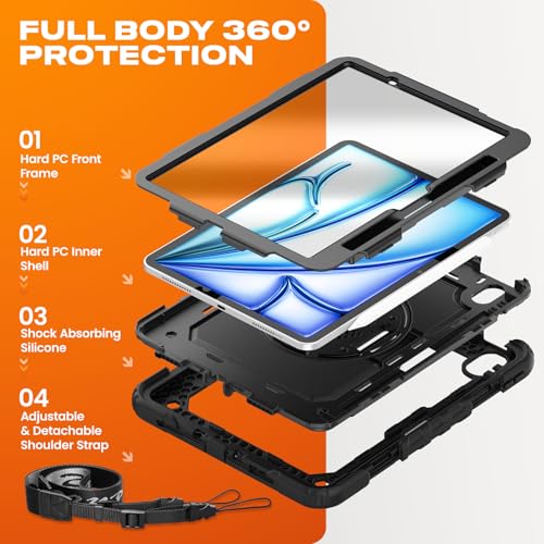 SEYMAC stock for iPad Air 11 inch Protective Case M3 2025/ M2 2024 (Air 7th/6th Generation), Heavy Duty Case with Screen Protector, Pencil Holder, Rotating Stand, Hand Strap, Shoulder Strap, Black - Image 5