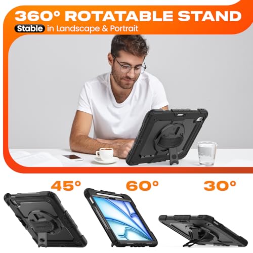 SEYMAC stock for iPad Air 11 inch Protective Case M3 2025/ M2 2024 (Air 7th/6th Generation), Heavy Duty Case with Screen Protector, Pencil Holder, Rotating Stand, Hand Strap, Shoulder Strap, Black - Image 4
