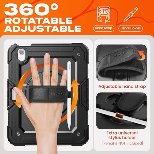 SEYMAC stock for iPad Air 11 inch Protective Case M3 2025/ M2 2024 (Air 7th/6th Generation), Heavy Duty Case with Screen Protector, Pencil Holder, Rotating Stand, Hand Strap, Shoulder Strap, Black - Image 3