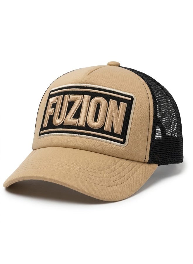 FUZION Beige & Black Mesh Trucker Cap – Bold 3D Embroidered Logo – Adjustable Unisex Fit