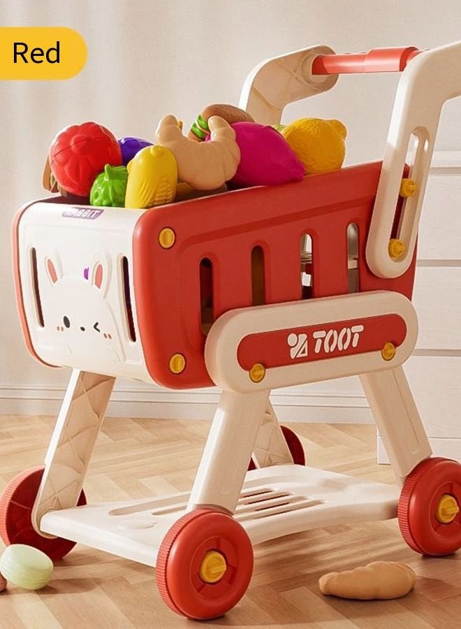 Vixplorn Basic & Life Skills Children's trolley shopping toy, with toy fruits, vegetables and other accessories, role-play, educational games, experience shopping fun (red model)  - Image 2