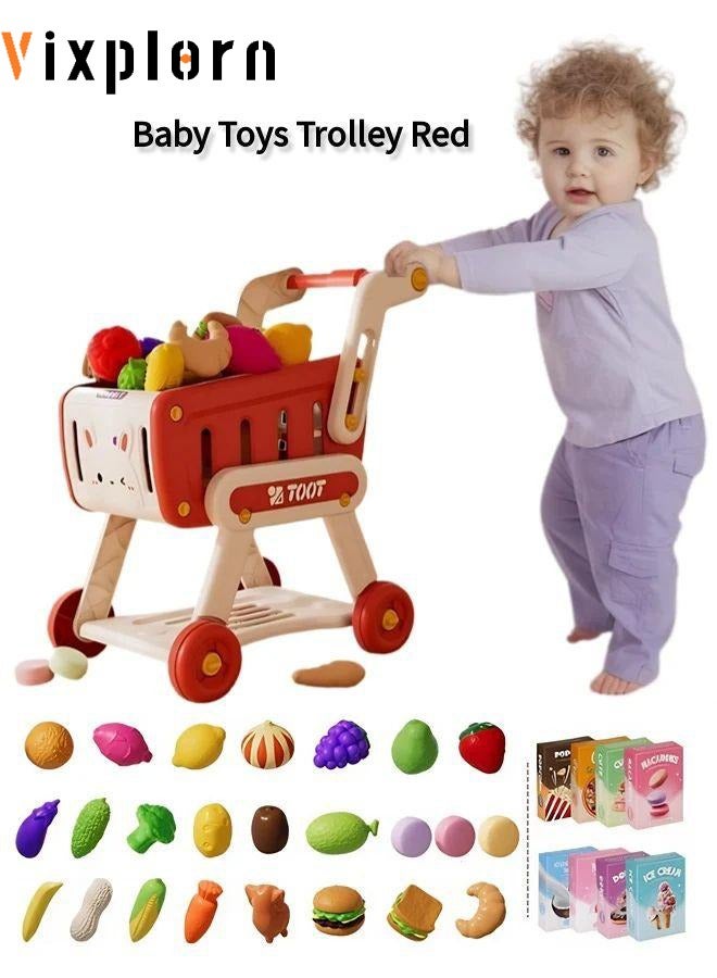 Vixplorn Basic & Life Skills Children's trolley shopping toy, with toy fruits, vegetables and other accessories, role-play, educational games, experience shopping fun (red model)  - Image 1
