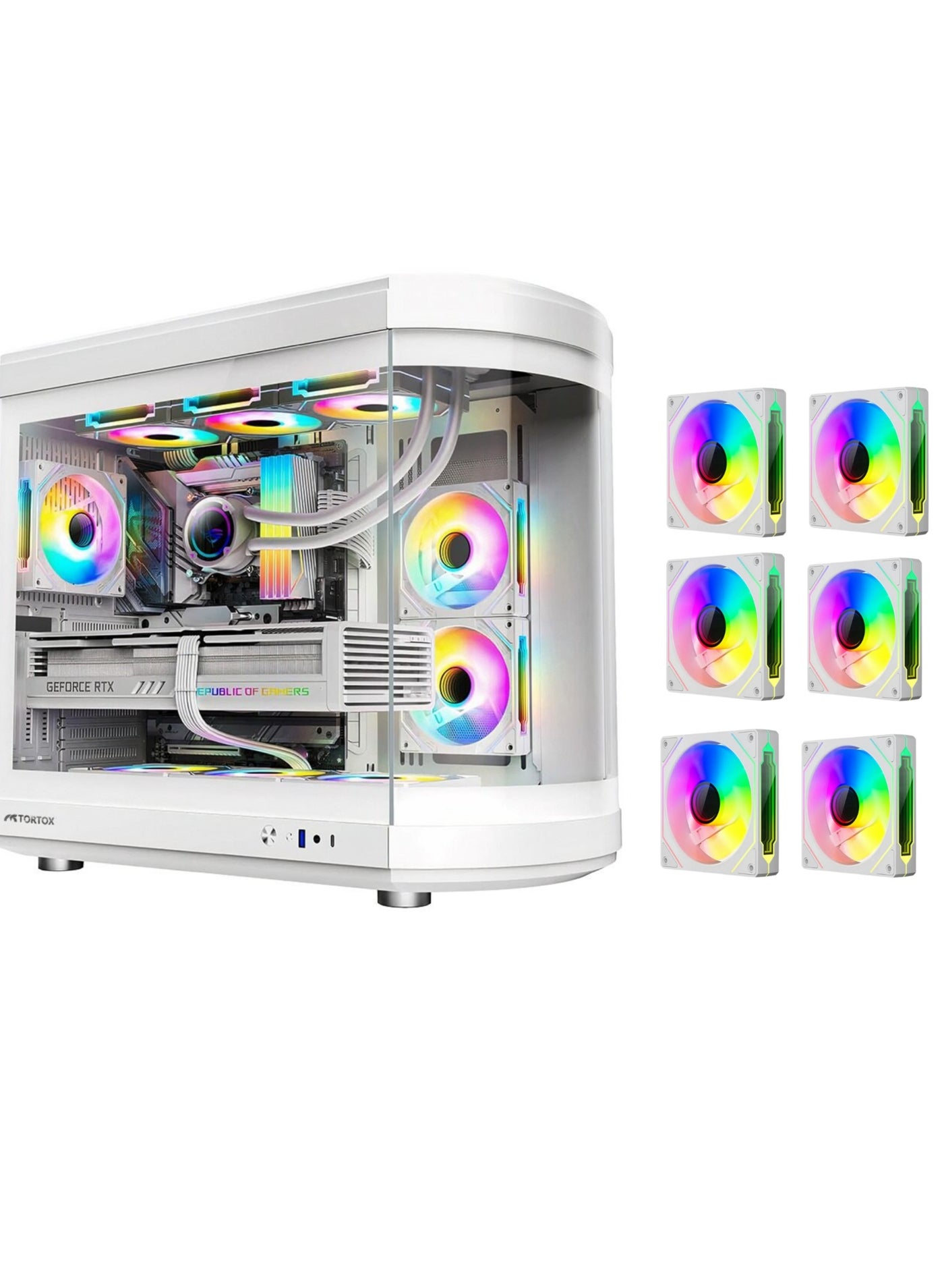 Tortox Vidrio Curved Tempered Glass ATX/M-ATX/Mini-ITX Gaming PC Case, 6 ARGB PWM Fans Pre-Installed, Type-C USB Port, 360mm Radiator Support, Excellent Airflow