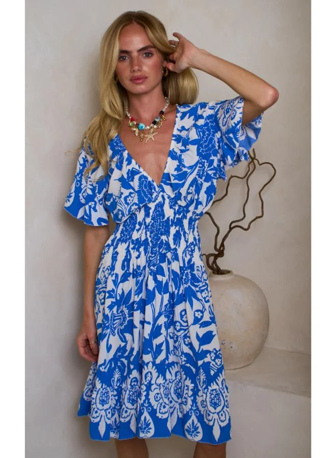 Hoxton Gal Blue Floral Mini Dress – V‐Neck, Short Ruffle Sleeves & Shirred Waist