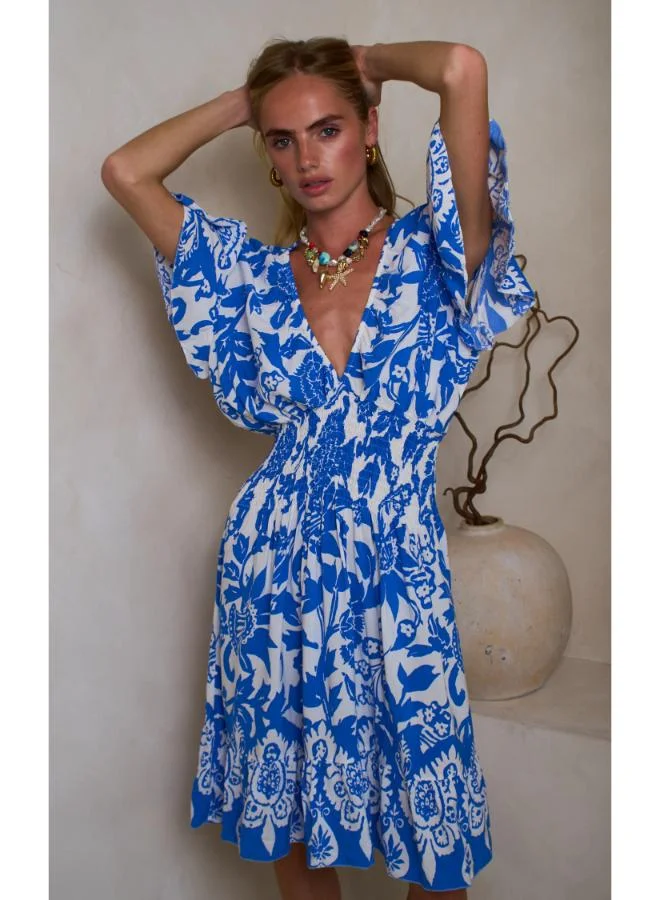 Hoxton Gal Blue Floral Mini Dress – V‐Neck, Short Ruffle Sleeves & Shirred Waist