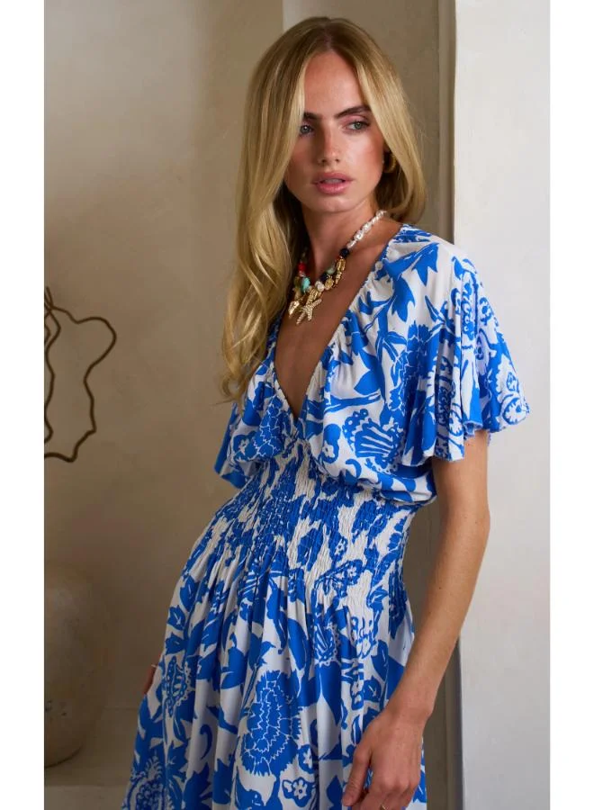Hoxton Gal Blue Floral Mini Dress – V‐Neck, Short Ruffle Sleeves & Shirred Waist