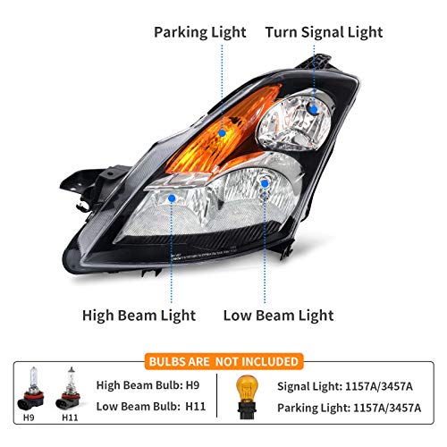 DWVO Headlight Assembly Compatible with 07 08 09 Altima 4-Door Sedan 2007 2008 2009 Black Housing with Amber Reflector Clear Lens - Image 2