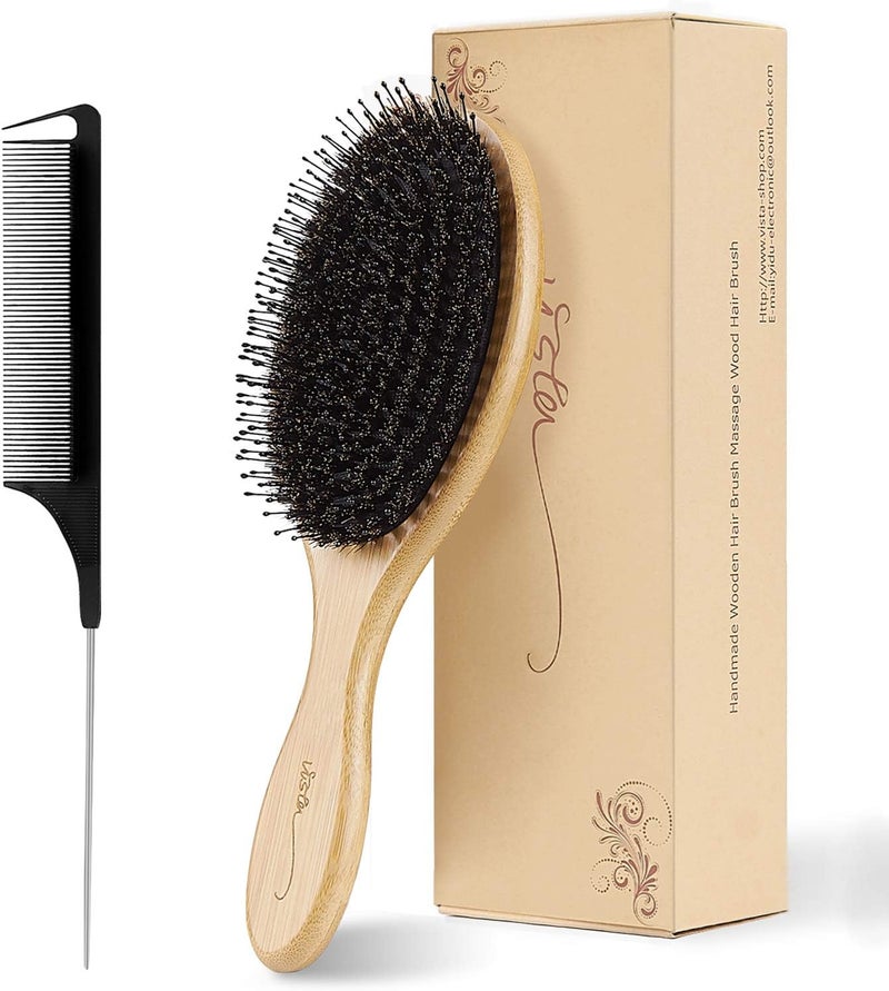 Boar Bristle Hair Brush Natural Bamboo Paddle Hairbrush with Tail Comb for Long Thick Curly Wavy Dry or Damaged Hair Round Hair Brush Adds Shine and Makes Hair Smooth Comb Set for Men Women Kids