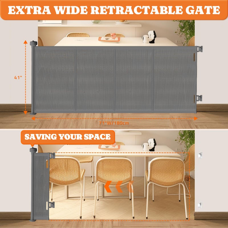 Pawtners Upgrade 71" Retractable Baby Gates with Reinforced Strips, 41" Tall Retractable Gate Indoor for Baby and Pet, Outdoor Dog Gates for Stairs, Doorways, Hallways-Grey - Image 3