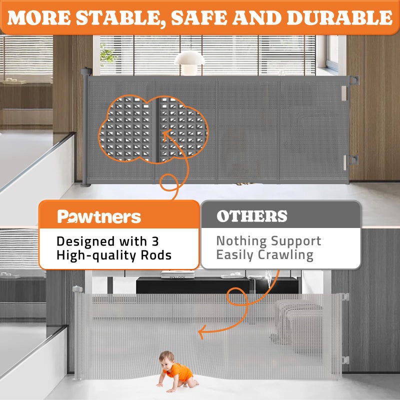 Pawtners Upgrade 71" Retractable Baby Gates with Reinforced Strips, 41" Tall Retractable Gate Indoor for Baby and Pet, Outdoor Dog Gates for Stairs, Doorways, Hallways-Grey - Image 2