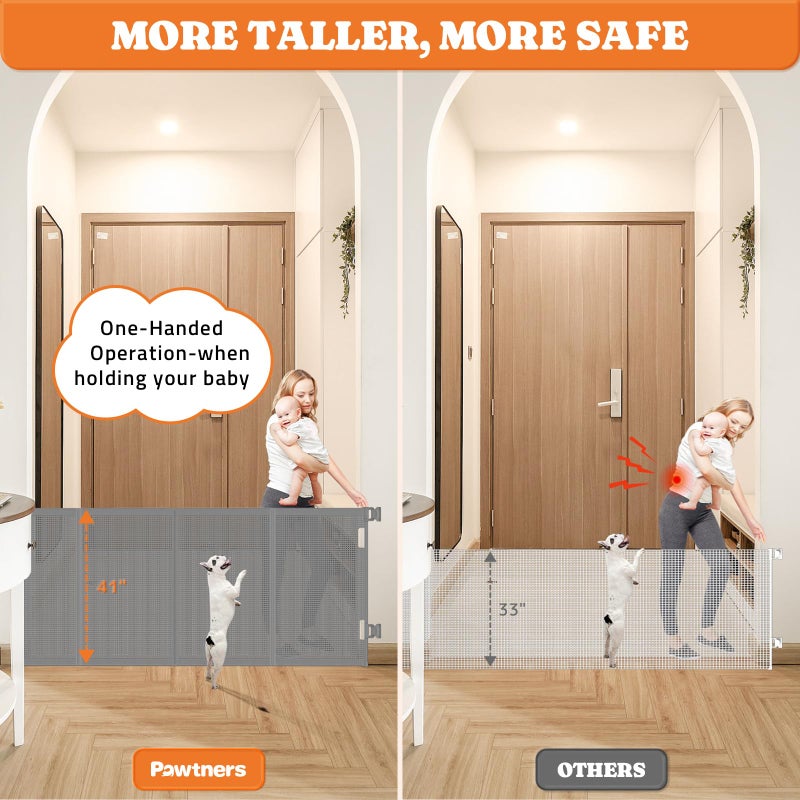 Pawtners Upgrade 71" Retractable Baby Gates with Reinforced Strips, 41" Tall Retractable Gate Indoor for Baby and Pet, Outdoor Dog Gates for Stairs, Doorways, Hallways-Grey - Image 4