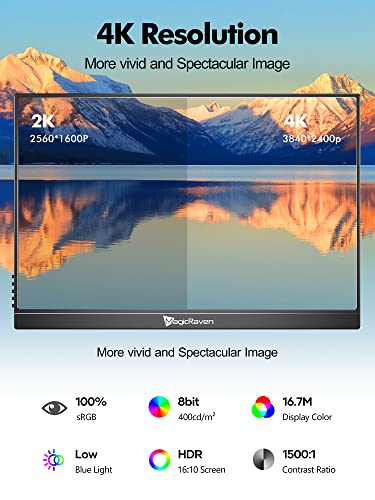 MAGICRAVEN 4K Portable Monitor, 16" 3840x2400 IPS Laptop Screen, 1500:1, 400 Nits Screen USB C HDMI Computer Gaming Display with Speakers & Smart Cover, Travel Monitor for PC Phone PS5/4 Xbox Switch - Image 2