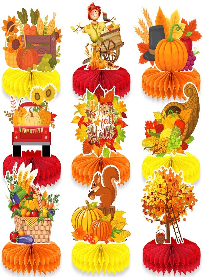 PhyLence 9 Pcs Thanksgiving Honeycomb Centerpieces - Fall Pumpkin, Cornucopia, Truck and Harvest Table Decorations for Autumn Parties, Family Dinners, and Classroom Celebrations - Image 1