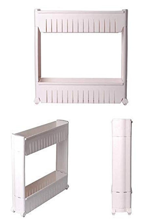 KIDINGTON Plastic 2 Tier Space Saving Storage Organizer Slim Rack Shelf with Wheels || Slim Slide Out Kitchen Trolley Rack Holder Storage Organizer for Kitchen, Bathroom (Multi Colour) - Image 3