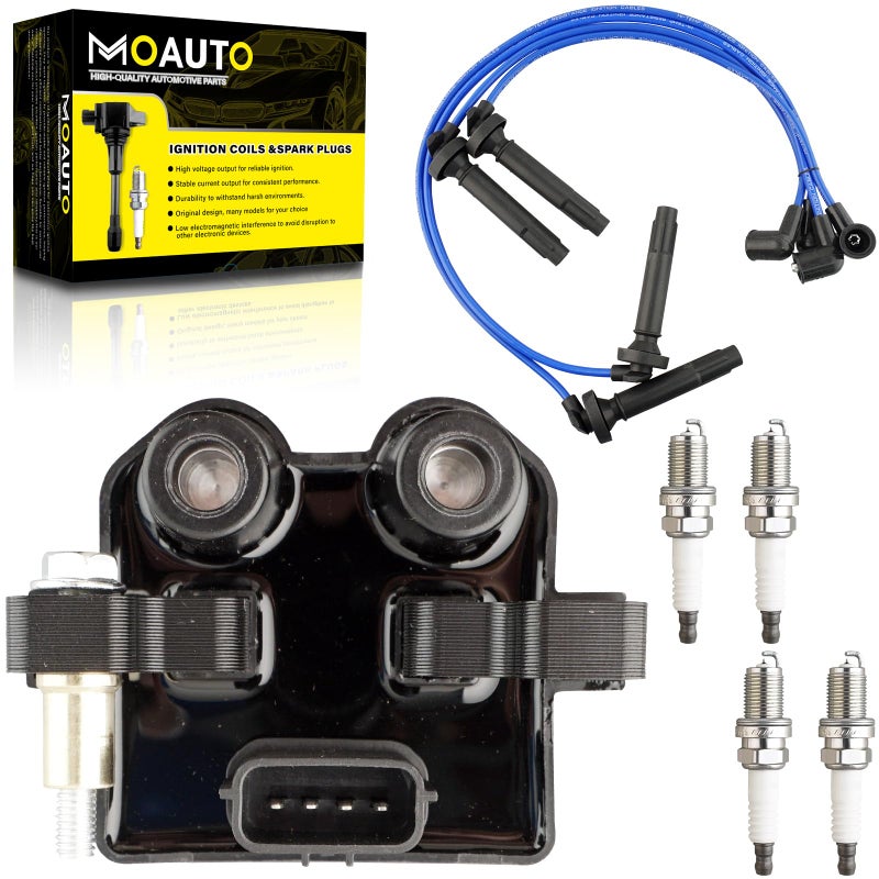 MOAUTO Set of 1 Ignition Coils Pack UF566 22433-AA500 & 4 PCS Iridium Spark Plugs with Wire Set Compatible with Subaru Outback Forester Impreza Legacy Saab 9-2X - H4 2.5L - Image 1