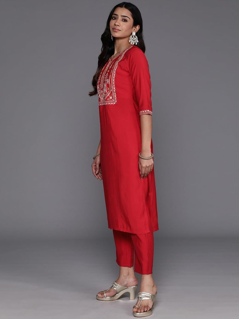 Libas Womens Yoke Design Silk Blend Straight Kurta With Trousers and Dupatta - Image 2