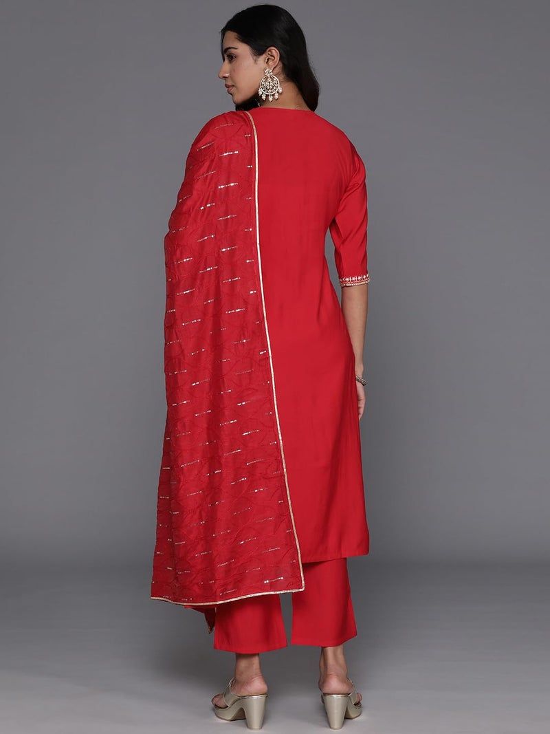 Libas Womens Yoke Design Silk Blend Straight Kurta With Trousers and Dupatta - Image 3