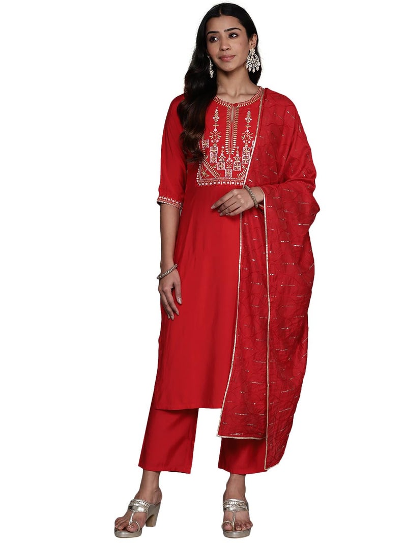 Libas Womens Yoke Design Silk Blend Straight Kurta With Trousers and Dupatta - Image 1