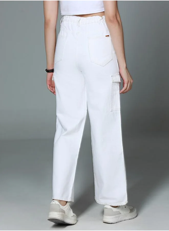 HIGH STAR High Rise Wide Leg Cargo Style Cotton Jeans by Styli