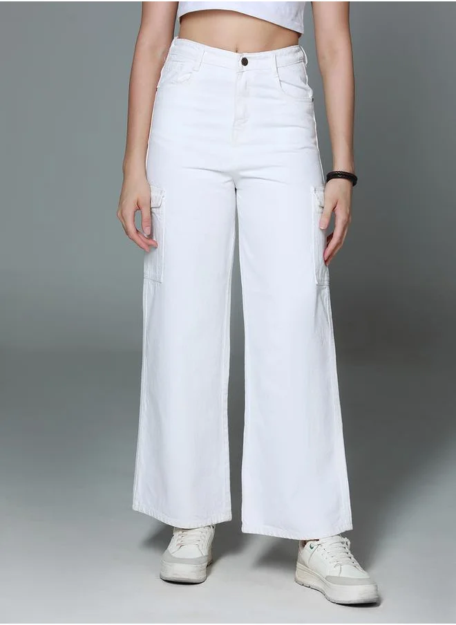 HIGH STAR High Rise Wide Leg Cargo Style Cotton Jeans by Styli