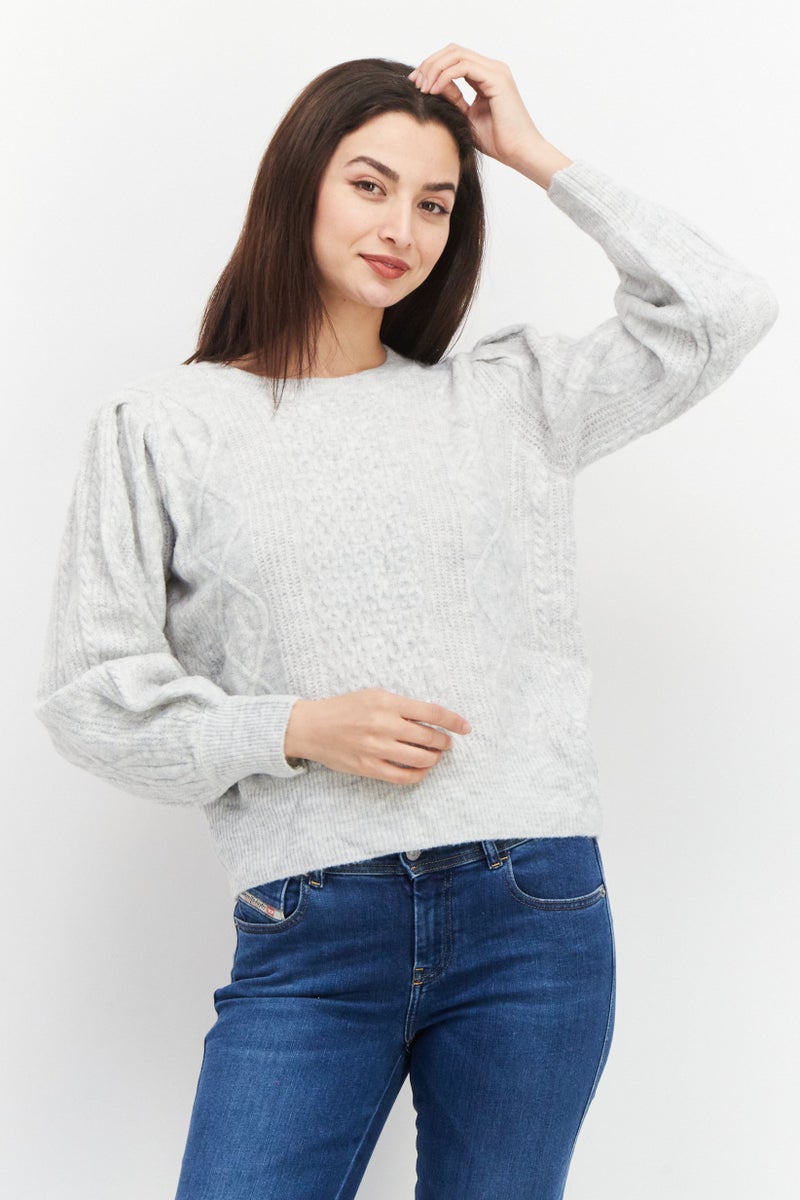 1 State Women Cable Knit Pullover Sweater, Light Grey Heather - Image 1