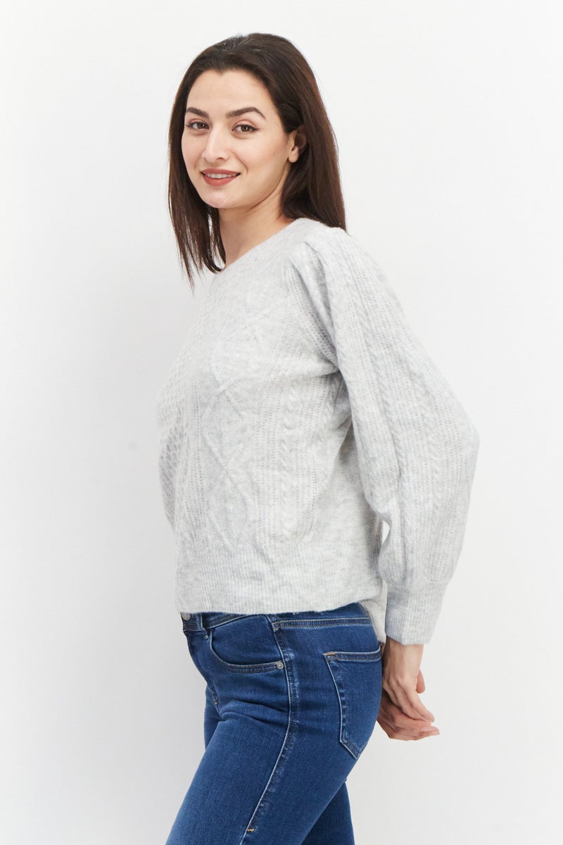 1 State Women Cable Knit Pullover Sweater, Light Grey Heather - Image 3