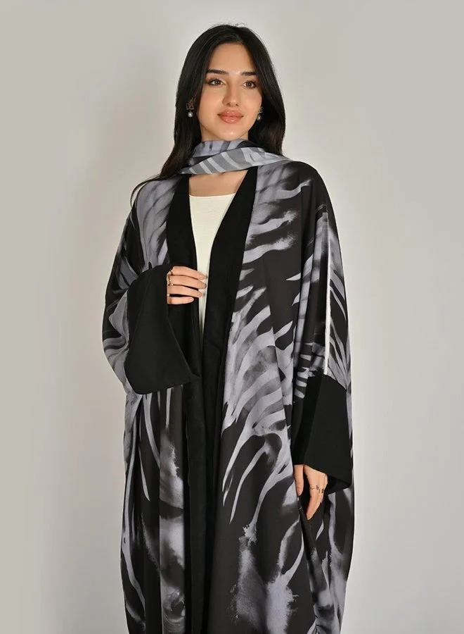 Hawraa Abaya Black and Gray Modern Print Bisht-Style Abaya