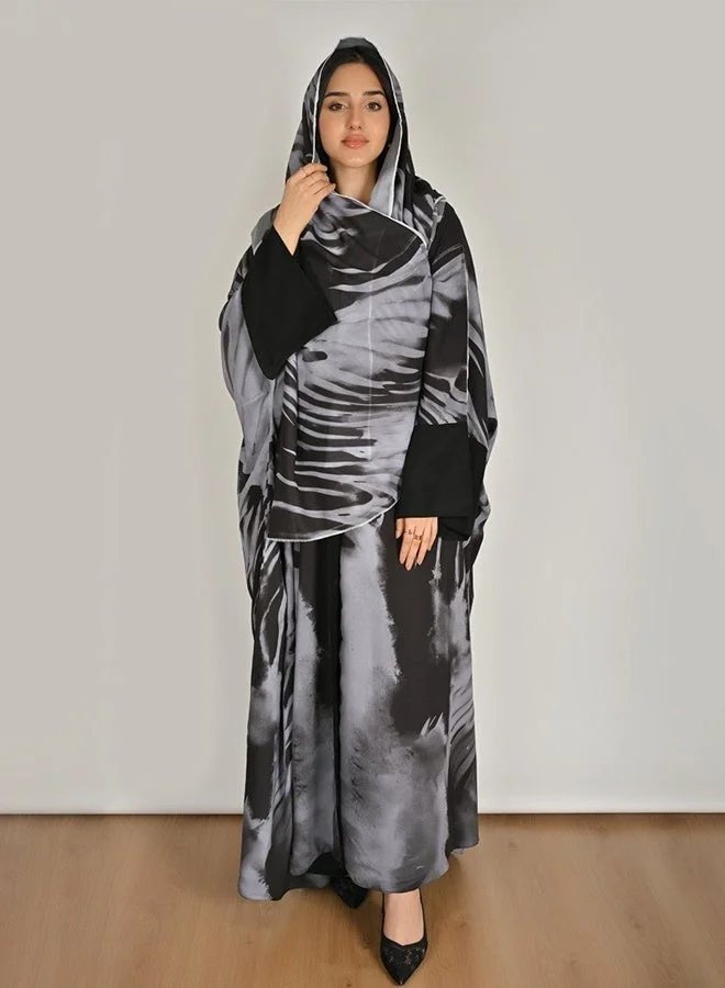 Hawraa Abaya Black and Gray Modern Print Bisht-Style Abaya