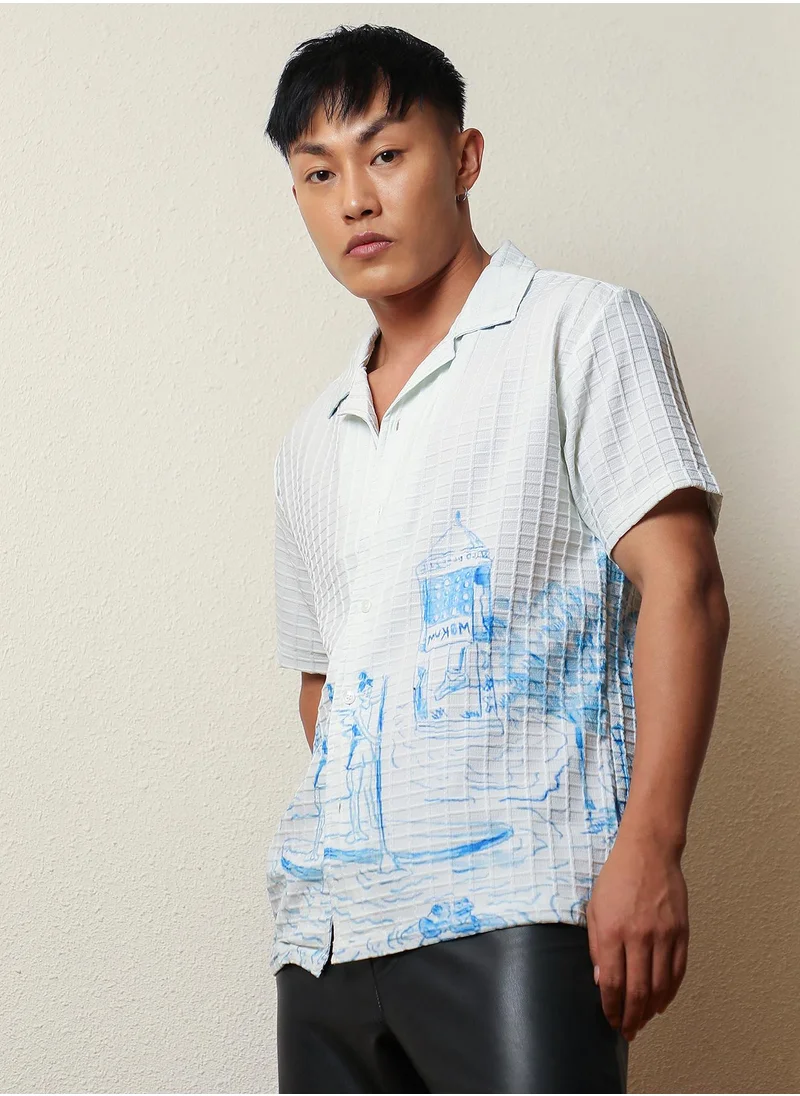 Campus Sutra Men's Chalk White:Azure Blue Landscape Strokes Shirt