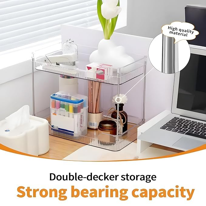 ElloZia ELLOZIA 2-Tier Makeup Desk Organizer - Acrylic Bathroom Countertop Clear Cosmetic Perfume Organizer Vanity Bedroom Storage Tray Kitchen Spice Shelf Snack Mug Holder Acrylic Transparent Clear - Image 5