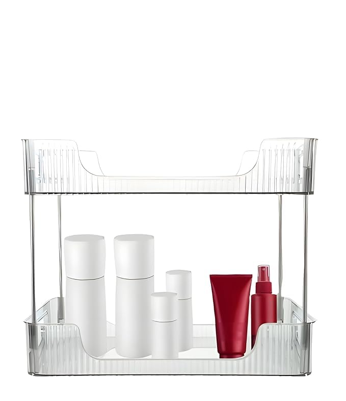ElloZia ELLOZIA 2-Tier Makeup Desk Organizer - Acrylic Bathroom Countertop Clear Cosmetic Perfume Organizer Vanity Bedroom Storage Tray Kitchen Spice Shelf Snack Mug Holder Acrylic Transparent Clear - Image 1