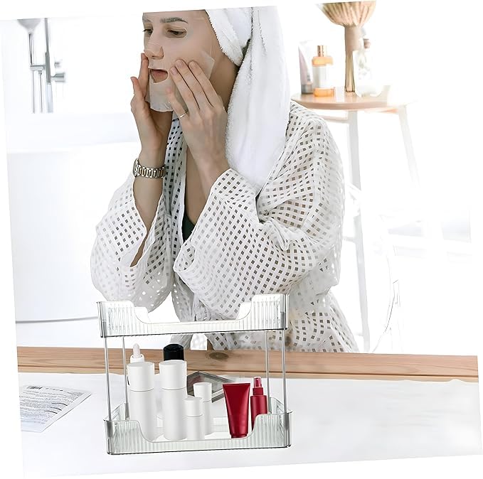ElloZia ELLOZIA 2-Tier Makeup Desk Organizer - Acrylic Bathroom Countertop Clear Cosmetic Perfume Organizer Vanity Bedroom Storage Tray Kitchen Spice Shelf Snack Mug Holder Acrylic Transparent Clear - Image 2