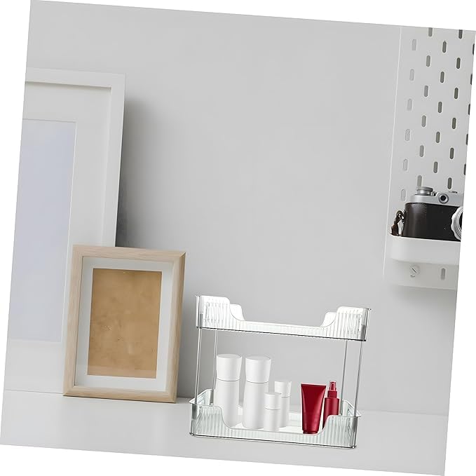 ElloZia ELLOZIA 2-Tier Makeup Desk Organizer - Acrylic Bathroom Countertop Clear Cosmetic Perfume Organizer Vanity Bedroom Storage Tray Kitchen Spice Shelf Snack Mug Holder Acrylic Transparent Clear - Image 4