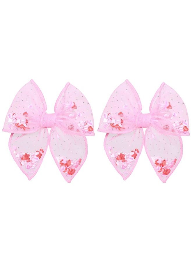 Miroksh Pink Valentines Fable Bow Hair Clips for Girls 2Pcs 4" Glitter Mesh Tulle Heart Shaker Bow Alligator Barrettes for Teen Toddler Kids Women Party Dress Outfits Decor Accessory Gift - Image 1