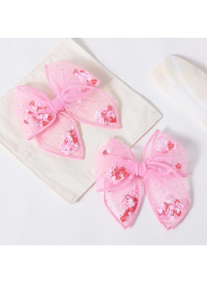 Miroksh Pink Valentines Fable Bow Hair Clips for Girls 2Pcs 4" Glitter Mesh Tulle Heart Shaker Bow Alligator Barrettes for Teen Toddler Kids Women Party Dress Outfits Decor Accessory Gift - Image 2