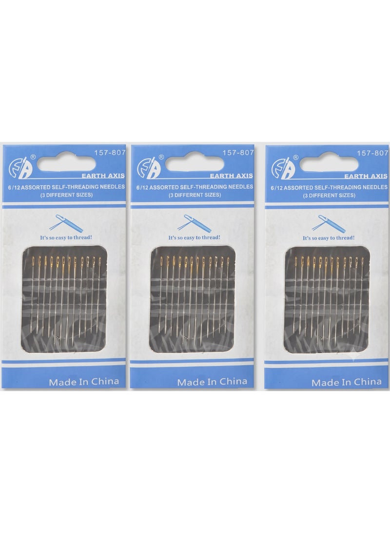 Threading Sewing Needles, Assorted Sizes, Stainless Steel - 3 Packs