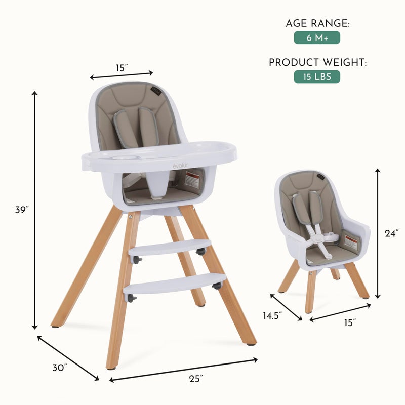 Evolur Ã©volur Zoodle 3-in-1 High Chair in Light Grey | Convertible Wooden Baby Feeding Chair with Dishwasher Safe Removable Tray, Adjustable Footrest, Padded Cushion, 5-Point Harness for Infants & Toddlers - Image 2
