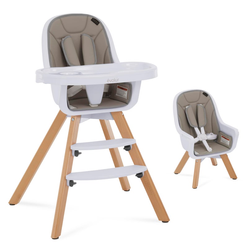 Evolur Ã©volur Zoodle 3-in-1 High Chair in Light Grey | Convertible Wooden Baby Feeding Chair with Dishwasher Safe Removable Tray, Adjustable Footrest, Padded Cushion, 5-Point Harness for Infants & Toddlers - Image 1