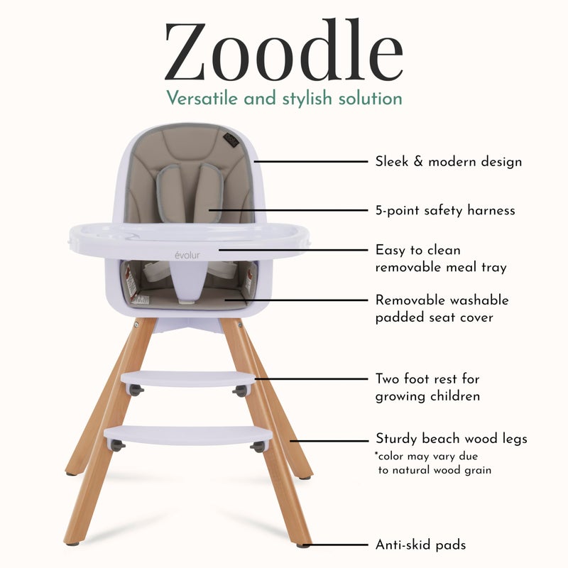 Evolur Ã©volur Zoodle 3-in-1 High Chair in Light Grey | Convertible Wooden Baby Feeding Chair with Dishwasher Safe Removable Tray, Adjustable Footrest, Padded Cushion, 5-Point Harness for Infants & Toddlers - Image 5