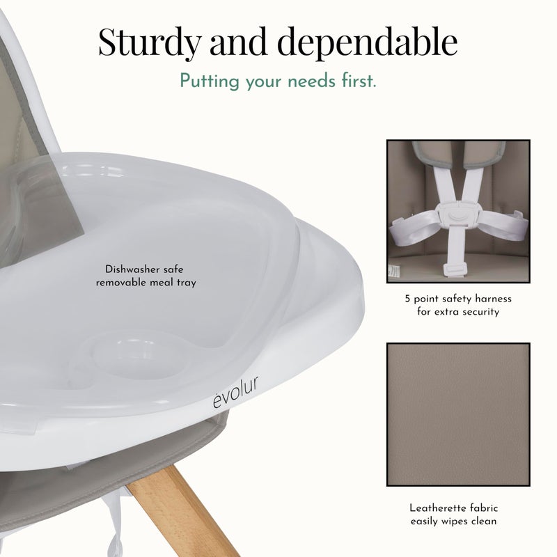 Evolur Ã©volur Zoodle 3-in-1 High Chair in Light Grey | Convertible Wooden Baby Feeding Chair with Dishwasher Safe Removable Tray, Adjustable Footrest, Padded Cushion, 5-Point Harness for Infants & Toddlers - Image 4