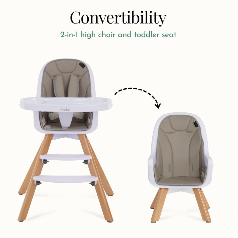 Evolur Ã©volur Zoodle 3-in-1 High Chair in Light Grey | Convertible Wooden Baby Feeding Chair with Dishwasher Safe Removable Tray, Adjustable Footrest, Padded Cushion, 5-Point Harness for Infants & Toddlers - Image 3
