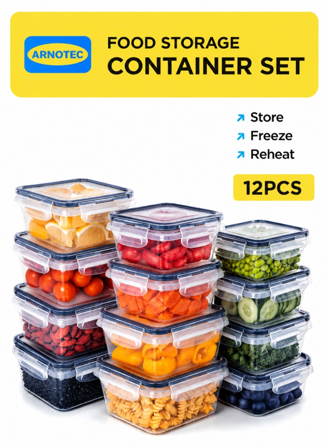 ARNOTEC 12-Piece Airtight Food Storage Containers Set with Locking Lids – BPA-Free Leakproof Stackable Meal Prep & Lunch Boxes, Microwave Freezer Dishwasher Safe, Home & Travel Use
