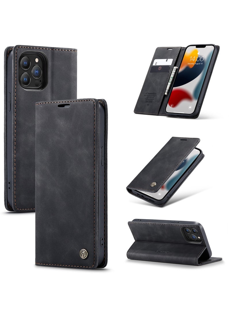 CaseMe Phone Case Luxury PU Leather Design 013 Flip Cover Card Slot Holder Cover For IPhone 13 Pro Max (Black)  - Image 1